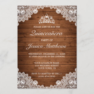 Rustic Wood & White Lace Tiara Quinceañera Invitation