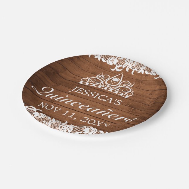 Rustic Wood & White Lace Tiara Quinceañera Paper Plate (Angled)