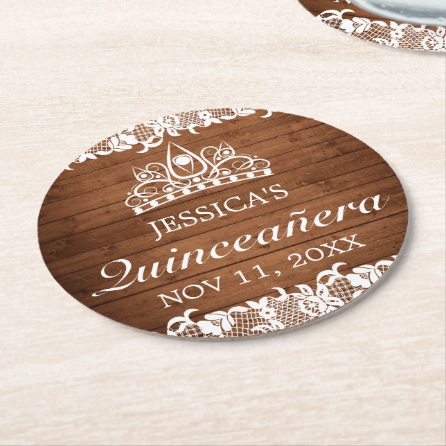 Rustic Wood & White Lace Tiara Quinceanera Round Paper Coaster (Angled)