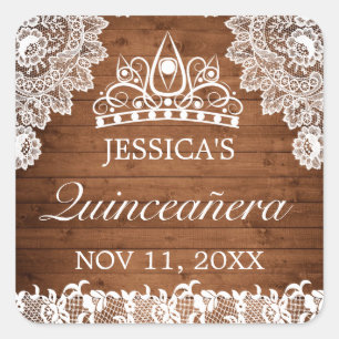 Rustic Wood & White Lace Tiara Quinceanera Square Sticker