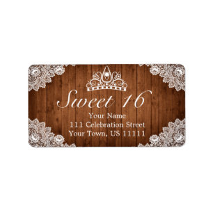 Rustic Wood & White Lace Tiara Sweet 16 Address Label