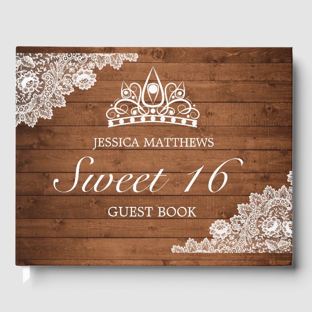 Rustic Wood & White Lace Tiara Sweet 16 Birthday Guest Book (Front)