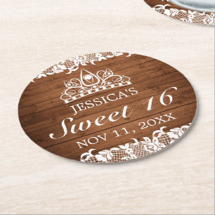 Rustic Wood & White Lace Tiara Sweet 16 Round Paper Coaster