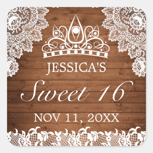 Rustic Wood & White Lace Tiara Sweet 16 Square Sticker (Front)