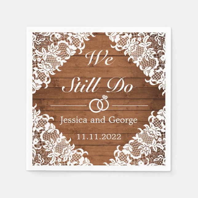 Rustic Wood & White Lace Wedding Anniversary Napkin (Front)