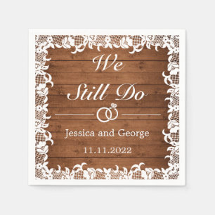 Rustic Wood & White Lace Wedding Anniversary Napkin