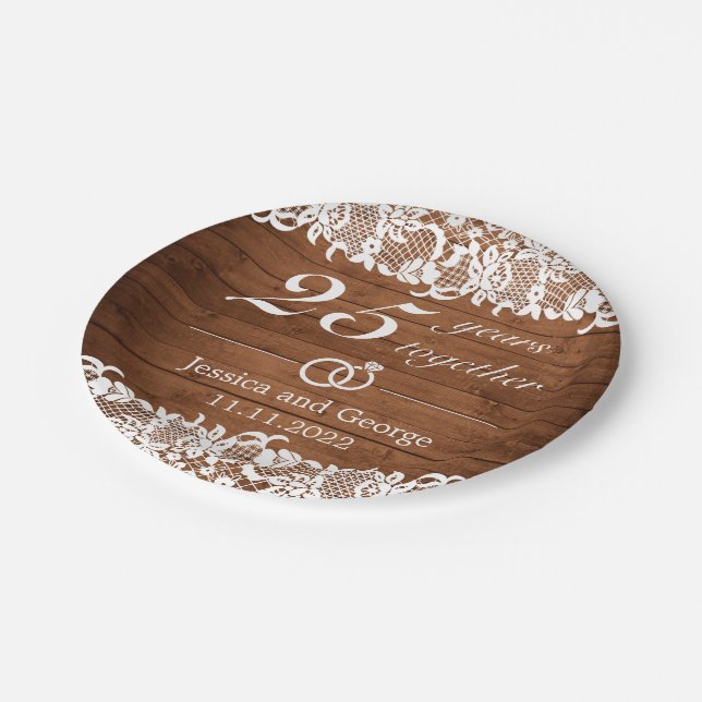 Rustic Wood & White Lace Wedding Anniversary Paper Plate (Angled)