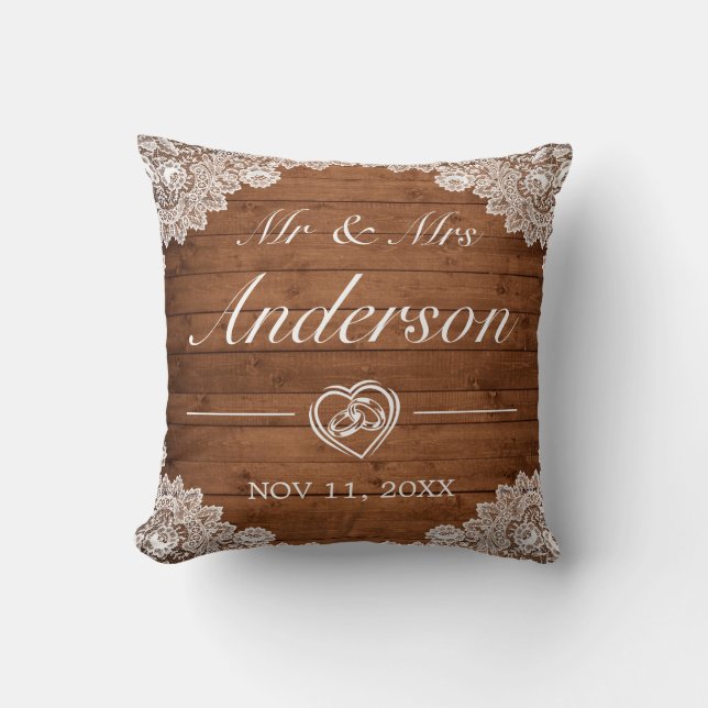 Rustic Wood & White Lace Wedding Cushion (Front)
