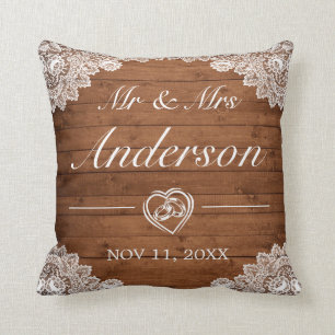 Rustic Wood & White Lace Wedding Cushion