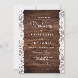 Rustic Wood White Lace Wedding Invite