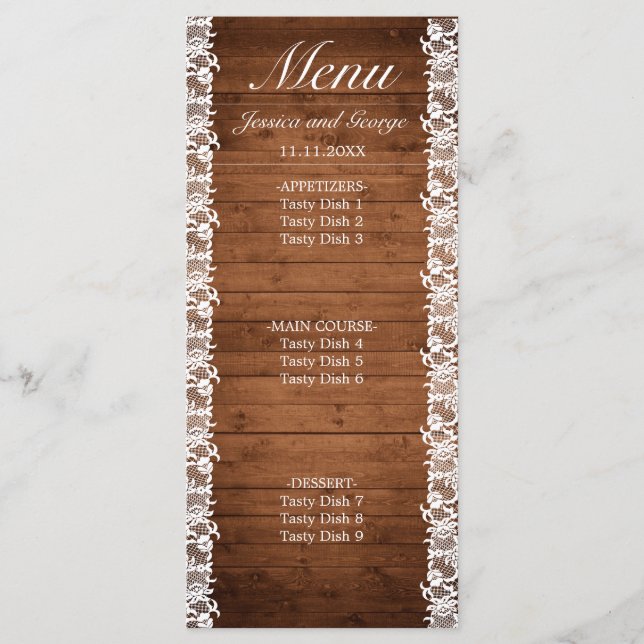 Rustic Wood & White Lace Wedding Menu (Front)
