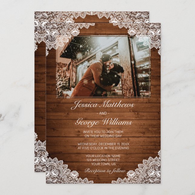 Rustic Wood & White Lace Wedding Photo Invitation (Front/Back)