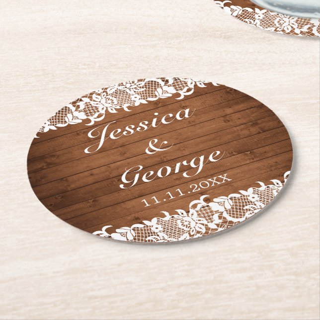 Rustic Wood & White Lace Wedding Round Paper Coaster (Angled)