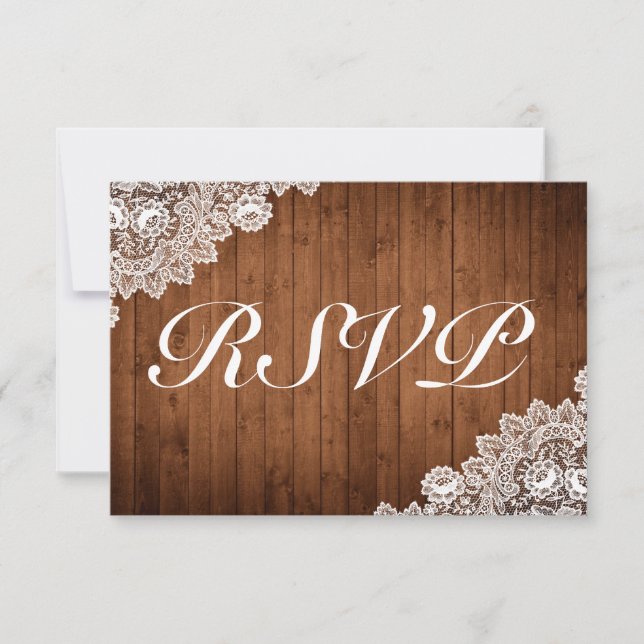 Rustic Wood & White Lace Wedding RSVP Card (Front)