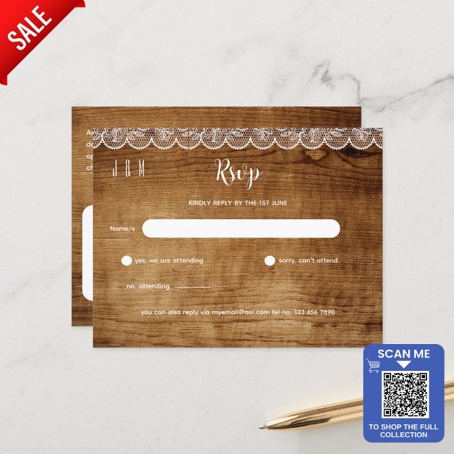 Rustic Wood White Lace Wedding RSVP - Matching Set Postcard (Creator Uploaded)