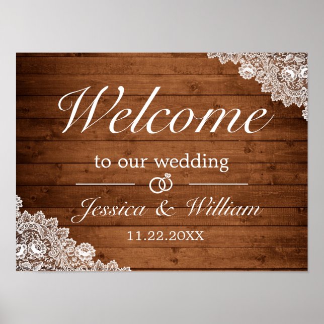 Rustic Wood & White Lace Wedding Welcome Sign (Front)