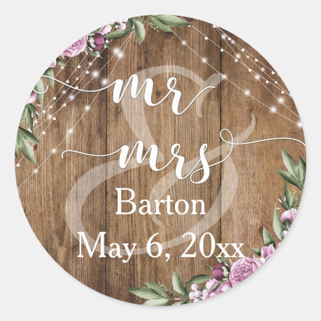 Rustic Wood, White Light Flowers Mr & Mrs Classic Round Sticker (Front)