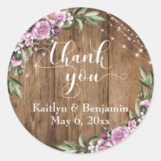 Rustic Wood, White Lights, Flowers Thank You Classic Round Sticker (Front)