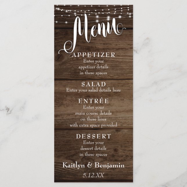 Rustic Wood, White Lights & Script Wedding Menu (Front)