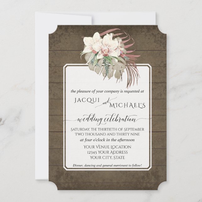 Rustic Wood White Orchid Floral Tropical Foliage Invitation (Front)