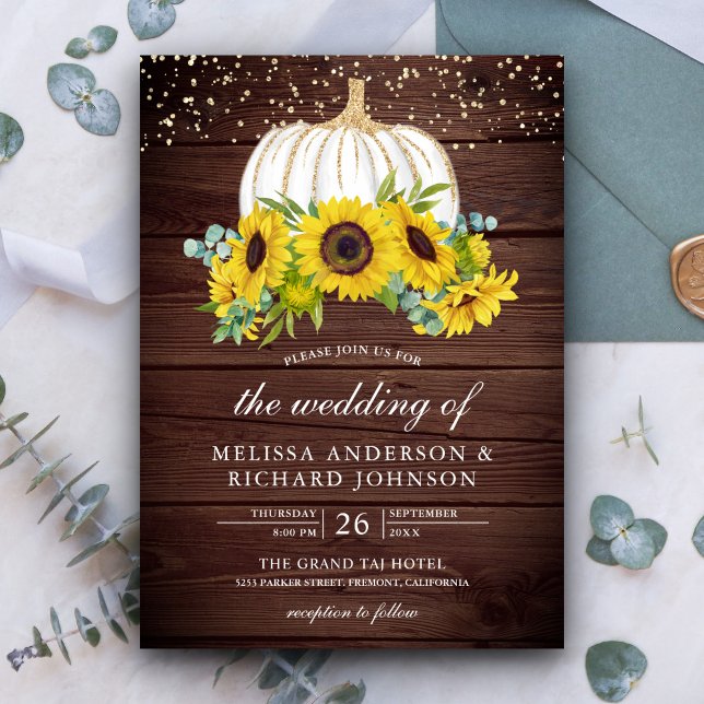 Rustic Wood White Pumpkin Sunflowers Fall Wedding Invitation (Creator Uploaded)