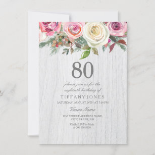 Rustic Wood White Rose Floral 80th Birthday Invite