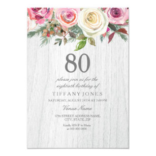 Rustic Wood White Rose Floral 80th Birthday Invite