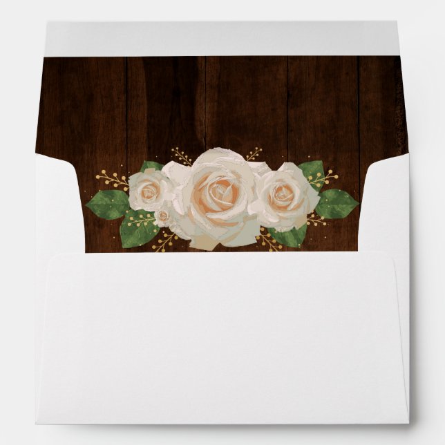 Rustic Wood White Rose Gold Country Wedding Envelope (Back (Bottom))