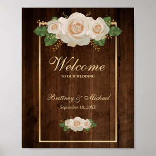 Rustic Wood White Roses and a Gold Frame   Wedding Poster