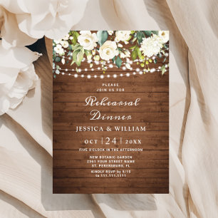 Rustic Wood White Roses Hydrangea Rehearsal Dinner Invitation