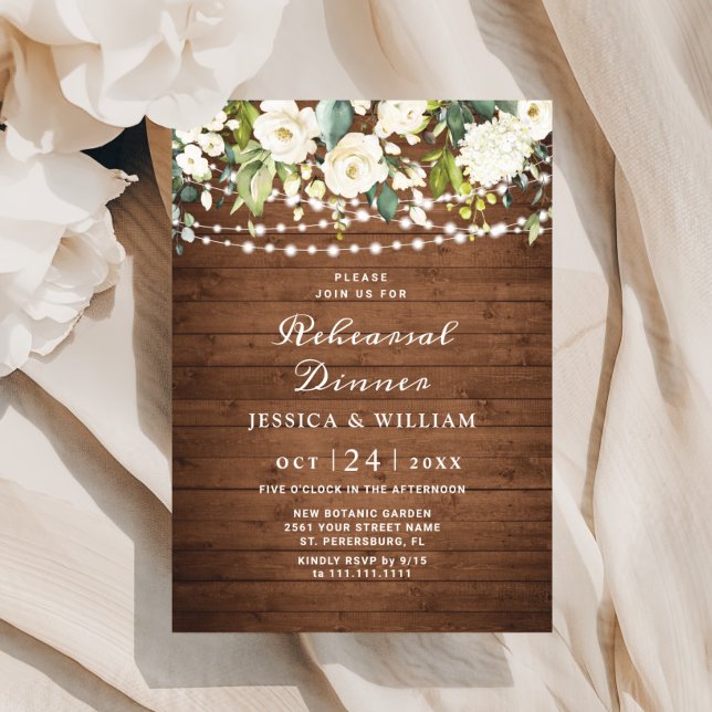 Rustic Wood White Roses Hydrangea Rehearsal Dinner Invitation (Creator Uploaded)