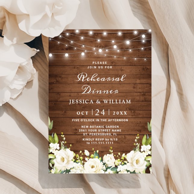Rustic Wood White Roses Hydrangea Rehearsal Dinner Invitation (Creator Uploaded)