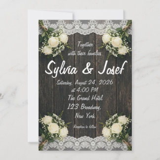 Rustic Wood White Roses Lace Wedding Invitation