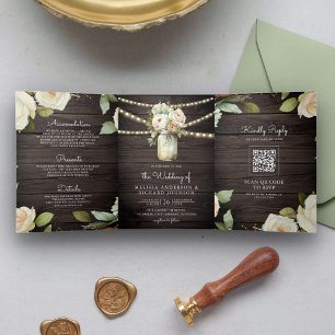Rustic Wood White Roses Mason Jar QR Code Wedding Tri-Fold Invitation