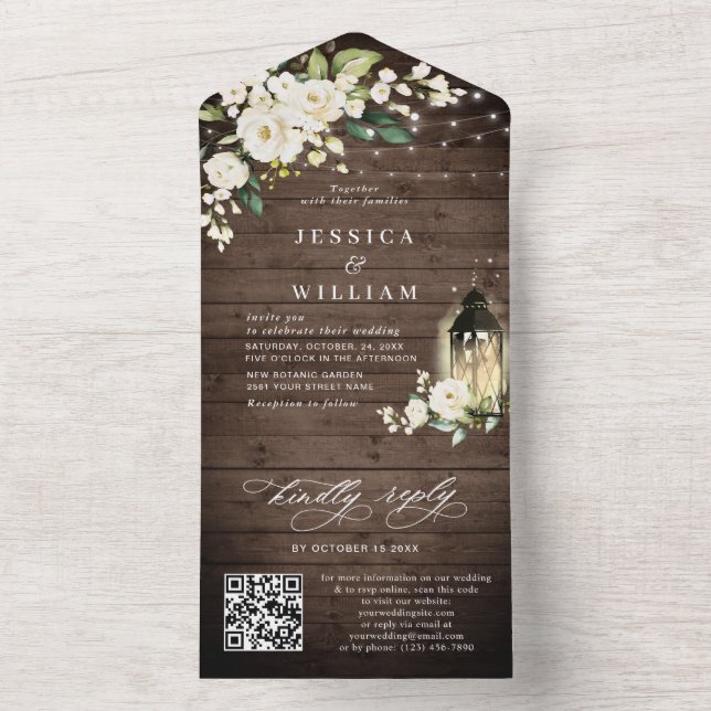 Rustic Wood White Roses Wedding QR code All In One Invitation (Inside)