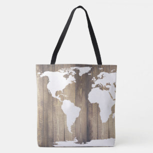 Rustic Wood White World Traveller Map Tote Bag