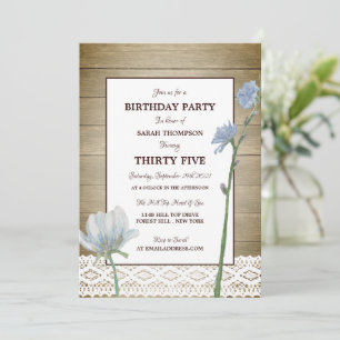 Rustic Wood Wild Floral Lace, Birthday Invitation