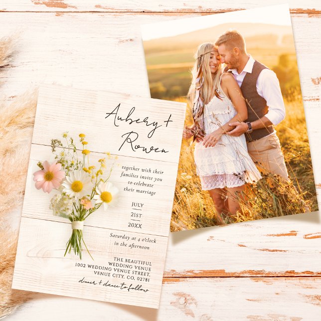 Rustic Wood Wildflower Bouquet Boho Photo Wedding Invitation (Creator Uploaded)