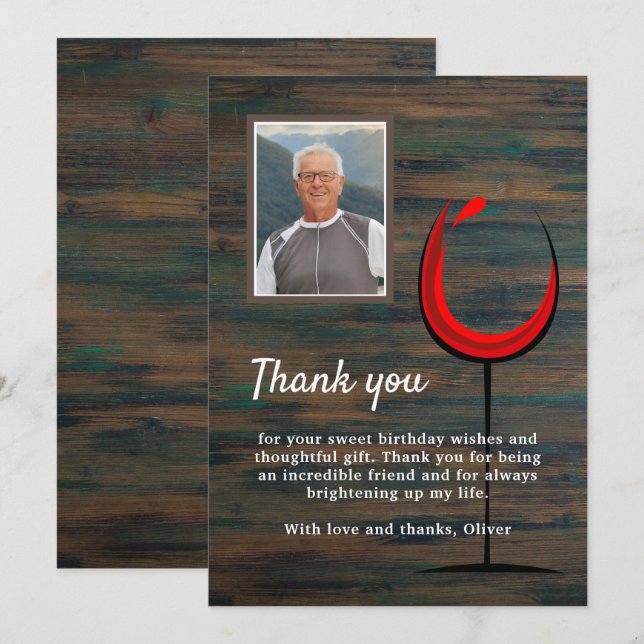 Rustic Wood Wine Glass 60th Birthday Photo Thank You Card (Front/Back)