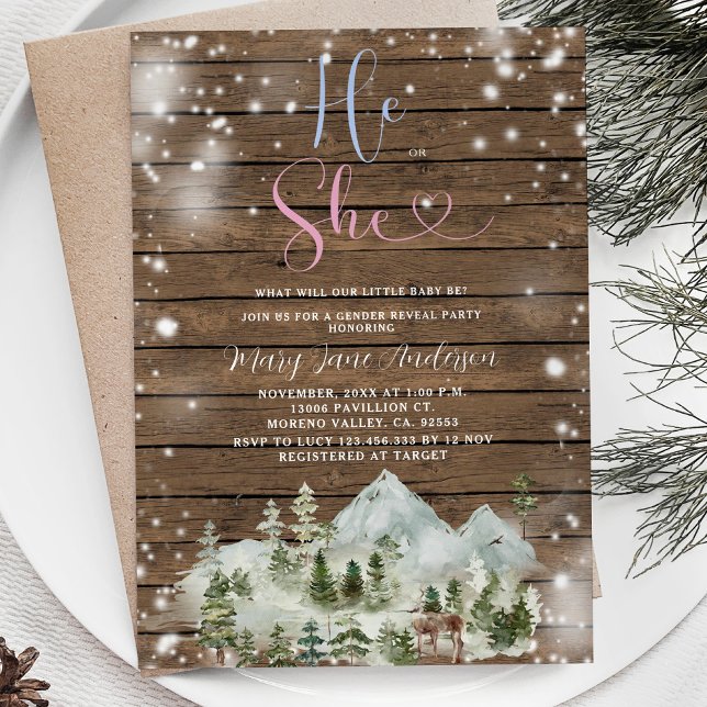 Rustic Wood Winter Forest Mountain Gender Reveal Invitation (Creator Uploaded)