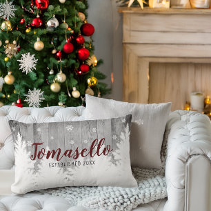 Rustic Wood Winter Pine Trees Burgundy Name Lumbar Cushion