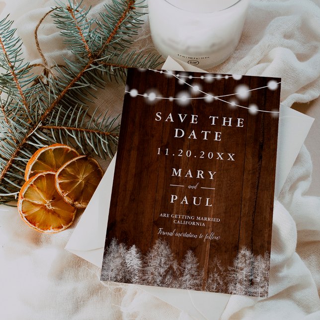 Rustic wood winter string lights save the date announcement postcard (Rustic wood winter string lights save the date announcement postcard)
