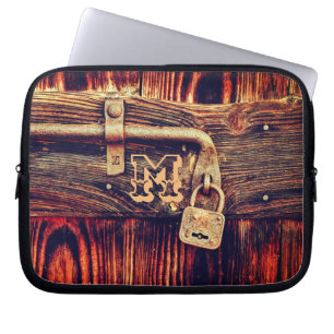 Rustic wood with brass lock brown woodgrain laptop sleeve