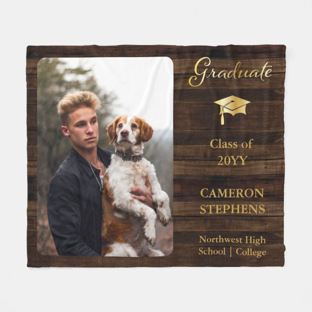 Rustic Wood with Gold Tone Graduate Photo  Fleece Blanket (Front (Horizontal))
