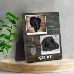 Rustic Wood with Heart Pet Dog Photo Collage Plaque<br><div class="desc">Rustic Wood with Heart Pet Dog Photo Collage plaque. This custom plaque has 2 photos and name on a rustic dark wood background. The background has a white scribble heart and white spots. Personalise the plaque with your dog or any other pet photo and name.</div>