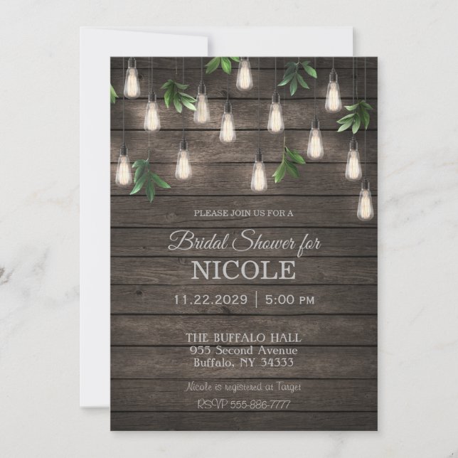 Rustic Wood with Lights Bridal Shower Invitation (Front)