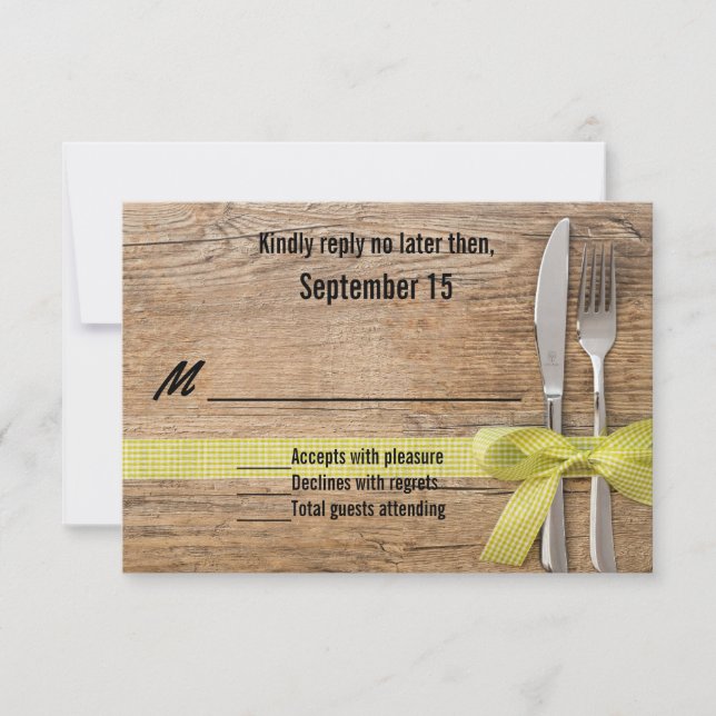 Rustic Wood with Silverware Wedding RSVP Card (Front)