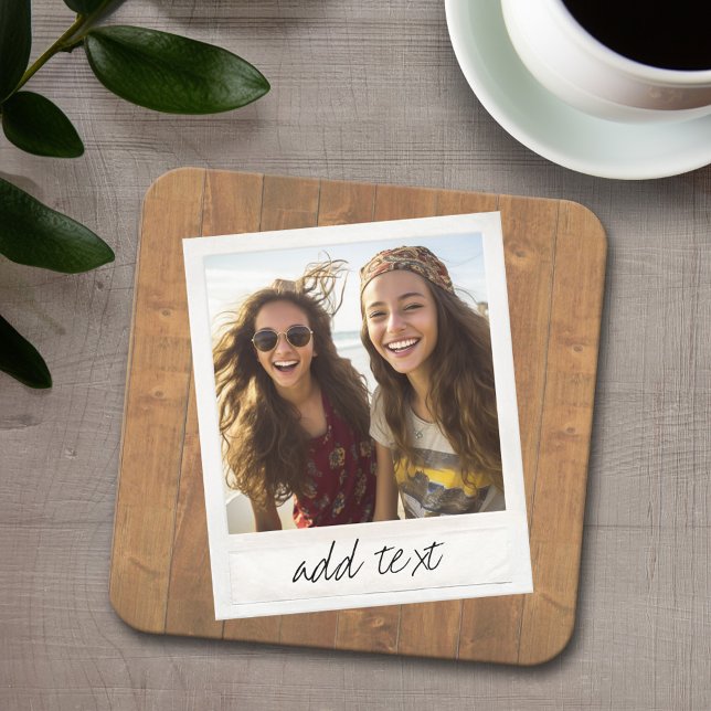 Rustic Wood with Square Photo Frame Square Paper Coaster (Personalized coaster with 4 photos and text)