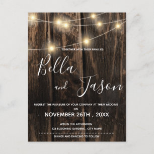 Rustic Wood With String Lights Wedding Invitation Postcard