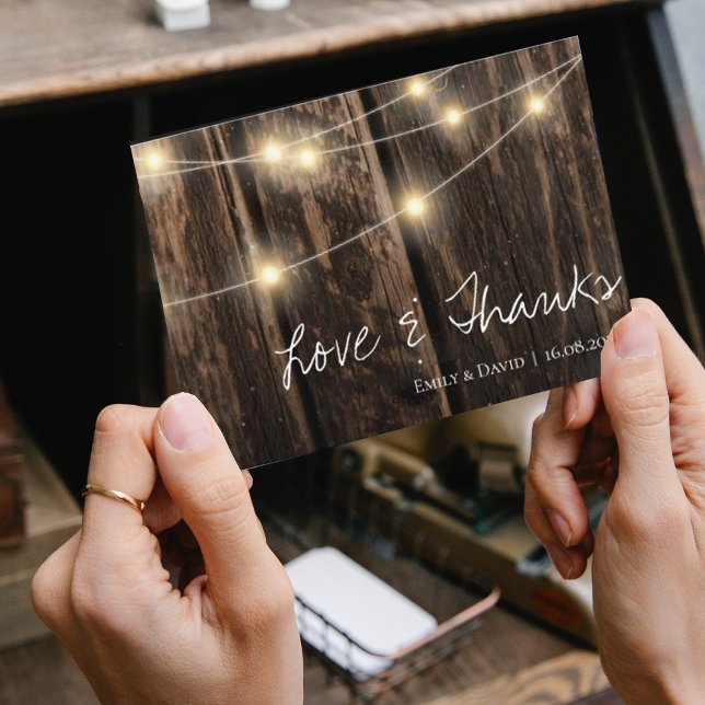 Rustic Wood With String Lights Wedding Thank You Card (Rustic Wood With String Lights Wedding Thank You Card)